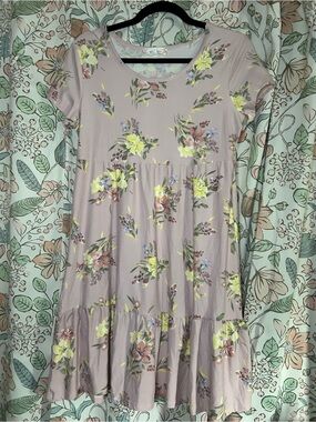 Pink Rose Mauve Floral Short Sleeve Tiered Dress with Yellow Accents
